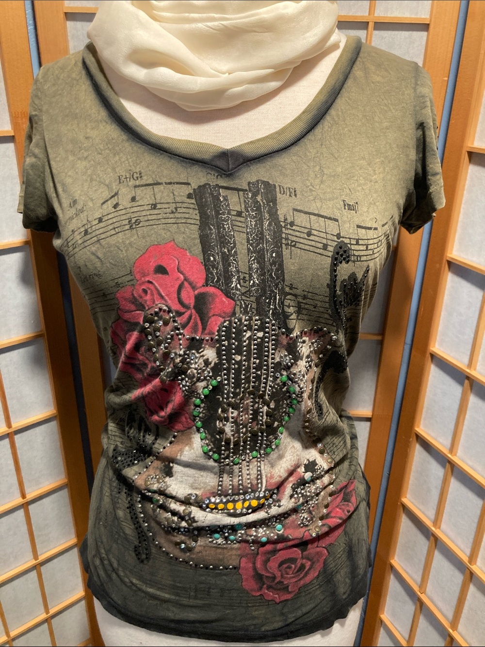 Olive Short Sleeve V-Neck Tee with Red Rose Guitar Graphic (G27)